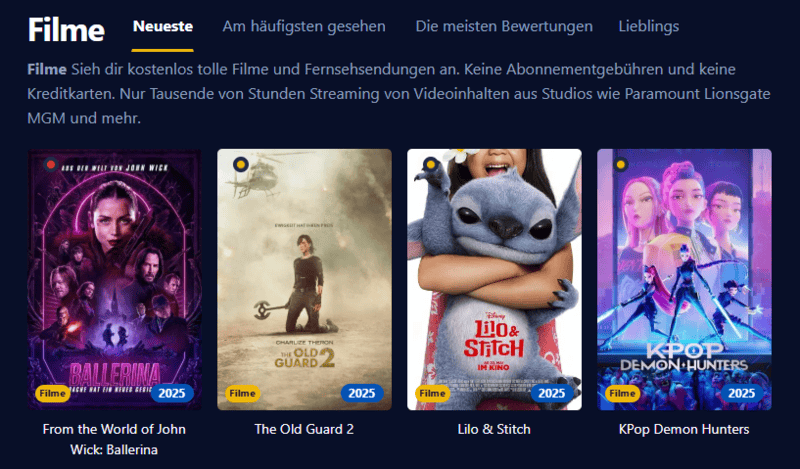 Screenshot der Benutzeroberfläche von Einschalten die eine moderne Streaming Plattform mit Filmen und Serien zeigt.